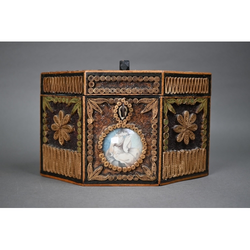 1236 - A George III tea caddy decorated with gilded rolled paper and crystal shards, and inset with two wat... 