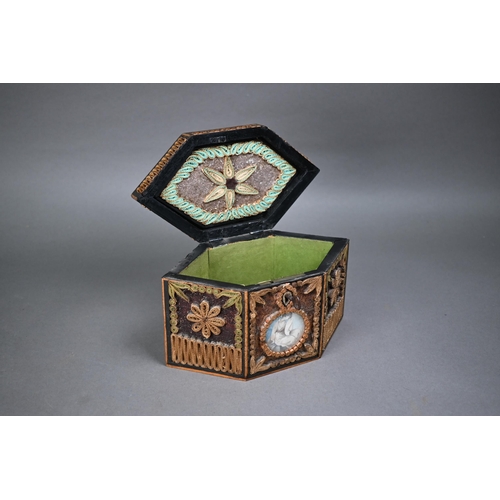 1236 - A George III tea caddy decorated with gilded rolled paper and crystal shards, and inset with two wat... 