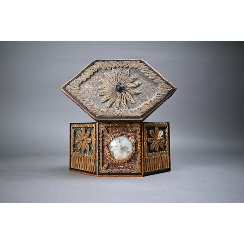 1236 - A George III tea caddy decorated with gilded rolled paper and crystal shards, and inset with two wat... 