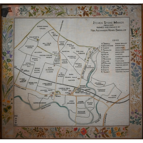 1242 - A 1940 petit point embroidery Estate Map - 'Itchen Stoke Manor 782 Acres Farmed and Owned by Hon Ale... 