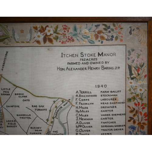 1242 - A 1940 petit point embroidery Estate Map - 'Itchen Stoke Manor 782 Acres Farmed and Owned by Hon Ale... 