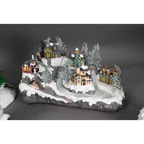 1250 - Six various modern decorative Christmas arrangements, including tree, snowman, villages etc