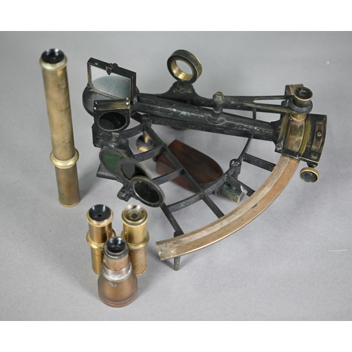 1264 - Antique lacquered brass sextant with silver scale, by H G Blair of Cardiff, in fitted teak case