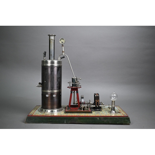 1265 - Bing (Germany) tin plate static steam engine with generator, 32 cm high x 38 cm wide x 18 cm deep