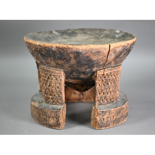 1274 - African carved wood stool, to/w a carved 'marriage' chain with fork and figure, 128 cm (2)