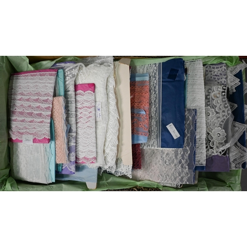 1280 - Three boxes of as new haberdashery trimmings comprising measured and listed packs of lace including ... 