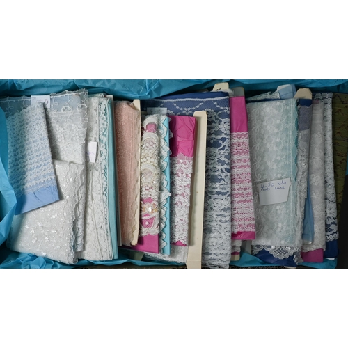 1280 - Three boxes of as new haberdashery trimmings comprising measured and listed packs of lace including ... 