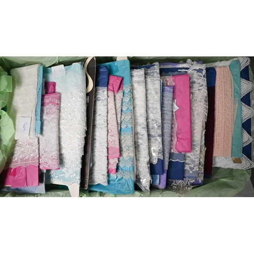 1281 - Three boxes of as new haberdashery trimmings comprising Nottingham lace, beaded, embellishments, all... 