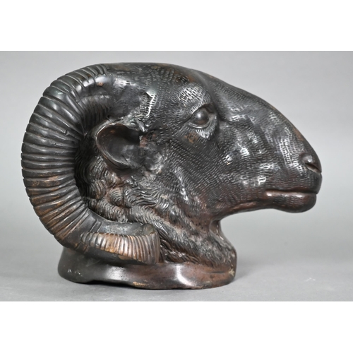 1289 - A cast bronze ram's head, 15 cm h