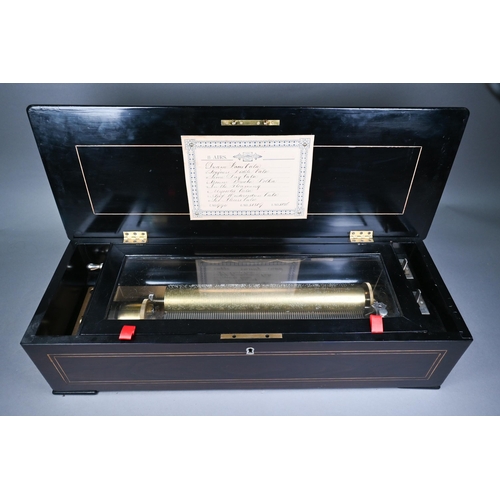 1299 - Nicole Freres, a good ebonised walnut panelled brass cylinder music box, playing 8-airs, No.5186, fu... 