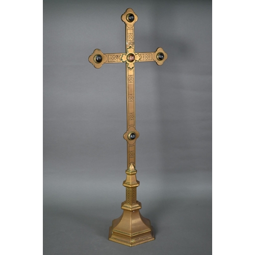 1301 - A Victorian brass altar cross mounted with agate bosses, the base stamped 'Willis', 69 cm h.