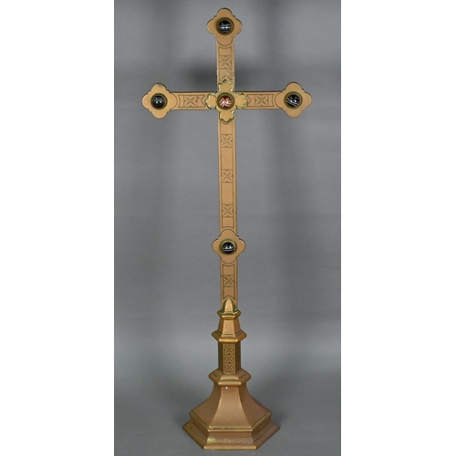 1301 - A Victorian brass altar cross mounted with agate bosses, the base stamped 'Willis', 69 cm h.