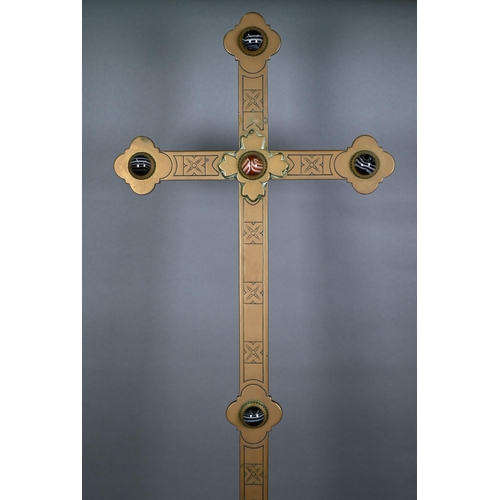 1301 - A Victorian brass altar cross mounted with agate bosses, the base stamped 'Willis', 69 cm h.