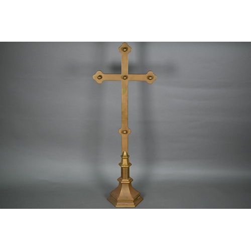 1301 - A Victorian brass altar cross mounted with agate bosses, the base stamped 'Willis', 69 cm h.