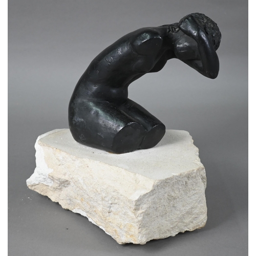 1303 - Susan Hadley, a bronze kneeling nude sculpture, initialled 'SH', raised on a rough stone base, 28 cm... 