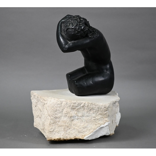 1303 - Susan Hadley, a bronze kneeling nude sculpture, initialled 'SH', raised on a rough stone base, 28 cm... 