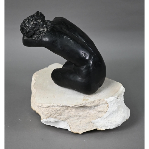 1303 - Susan Hadley, a bronze kneeling nude sculpture, initialled 'SH', raised on a rough stone base, 28 cm... 