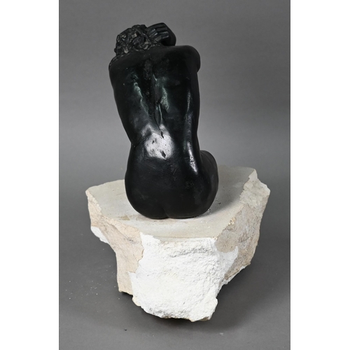 1303 - Susan Hadley, a bronze kneeling nude sculpture, initialled 'SH', raised on a rough stone base, 28 cm... 