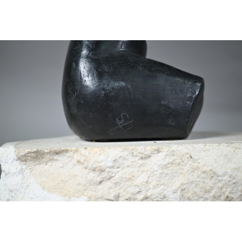 1303 - Susan Hadley, a bronze kneeling nude sculpture, initialled 'SH', raised on a rough stone base, 28 cm... 