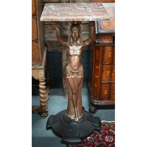 1314 - A 1930s cast iron Egyptian style figure supporting a marble shelf, approx. 109 cm h