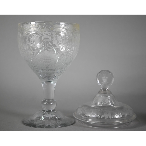 530 - Fine quality early 19th century glass large goblet and cover, the facetted finial engraved with cres... 