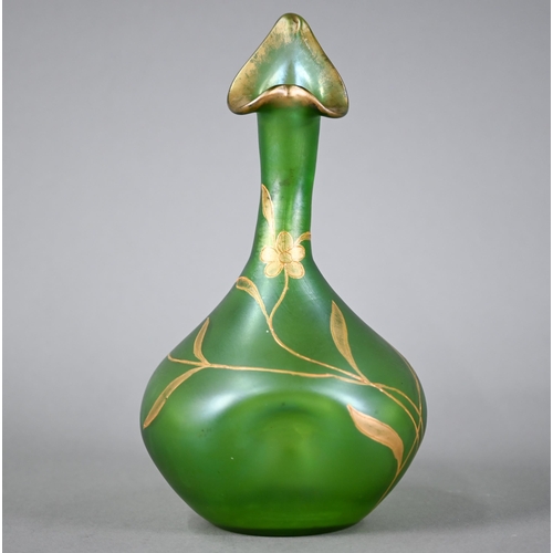 530A - Loetz-style Art Nouveau irridescent green glass vase of organic form, hand-gilded with stylised flow... 