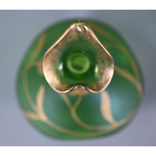 530A - Loetz-style Art Nouveau irridescent green glass vase of organic form, hand-gilded with stylised flow... 