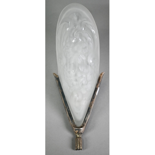 532 - Art Deco ep wall-light, the frosted glass pocket shade moulded with floral design, 31 cm high