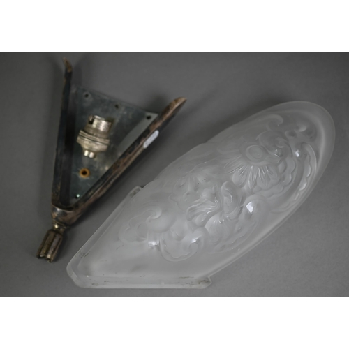 532 - Art Deco ep wall-light, the frosted glass pocket shade moulded with floral design, 31 cm high