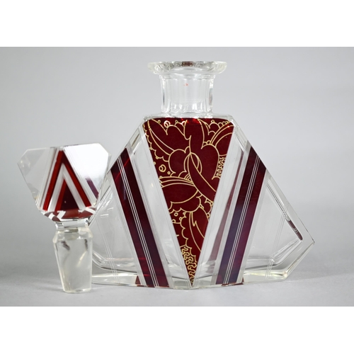 533 - Good quality Art Deco cut glass decanter/cologne bottle with stopper, of angular form with ruby glas... 