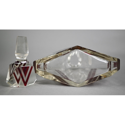 533 - Good quality Art Deco cut glass decanter/cologne bottle with stopper, of angular form with ruby glas... 