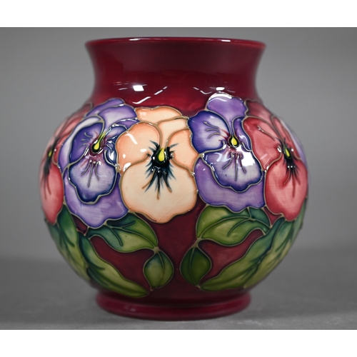 555 - Moorcroft 'Pansies' cache-pot, designed by Rachael Bishop, 1993, 15 cm (boxed)