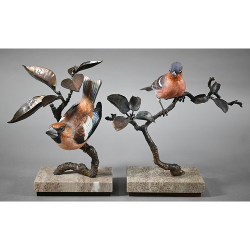 564 - Two Albany Fine China Ltd birds perched on bronze branches, on marble bases, Hawfinch and Chaffinch,... 