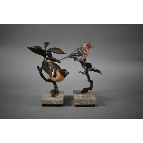 564 - Two Albany Fine China Ltd birds perched on bronze branches, on marble bases, Hawfinch and Chaffinch,... 