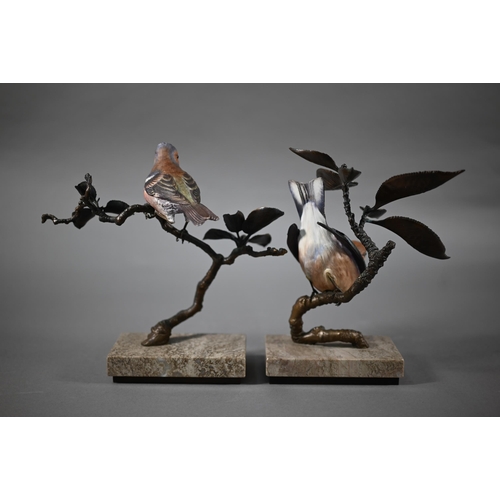 564 - Two Albany Fine China Ltd birds perched on bronze branches, on marble bases, Hawfinch and Chaffinch,... 