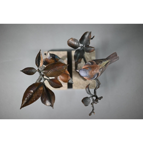 564 - Two Albany Fine China Ltd birds perched on bronze branches, on marble bases, Hawfinch and Chaffinch,... 