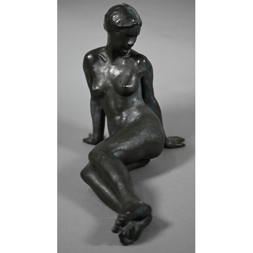 574 - Walter Awlson (Scottish, b 1949) - brown-glazed stoneware figure, seated female nude study, signed, ... 