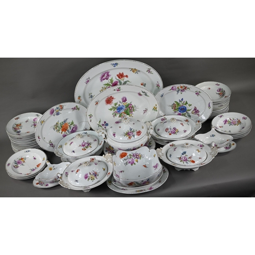 579 - Quantity of Dresden and Meissen outside-decorated dinner ware, with floral sprays, comprising; a sou... 