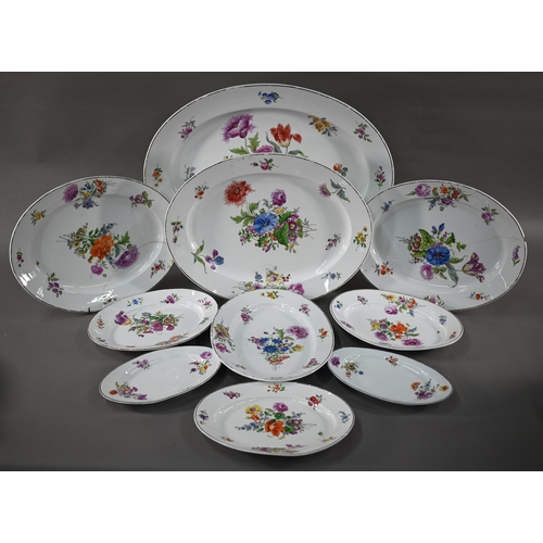 579 - Quantity of Dresden and Meissen outside-decorated dinner ware, with floral sprays, comprising; a sou... 