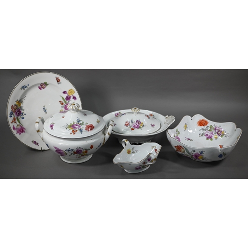 579 - Quantity of Dresden and Meissen outside-decorated dinner ware, with floral sprays, comprising; a sou... 