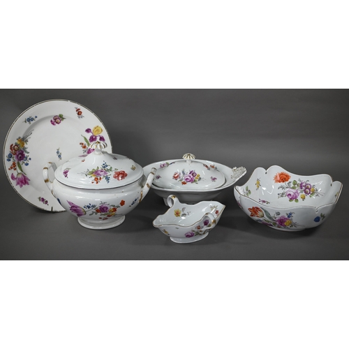 579 - Quantity of Dresden and Meissen outside-decorated dinner ware, with floral sprays, comprising; a sou... 