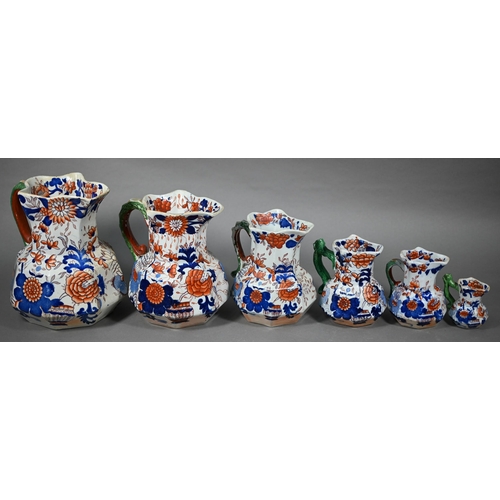 580 - Graduated matched set of six 19th century Masons Ironstone jugs, 22-8 cm to/w three other 8cm jugs a... 