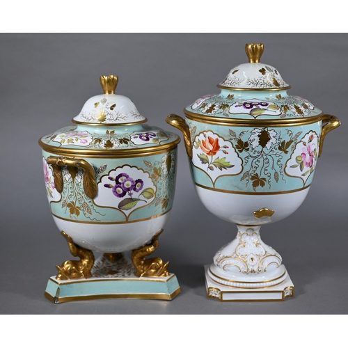 587 - Two early 19th century turquoise-ground and gilt covered urns, the reserves painted with floral spec... 