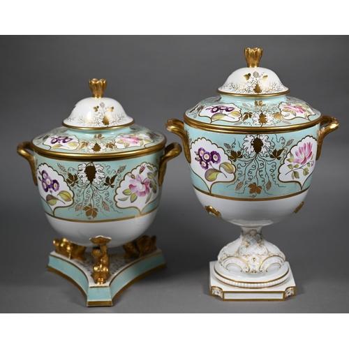 587 - Two early 19th century turquoise-ground and gilt covered urns, the reserves painted with floral spec... 