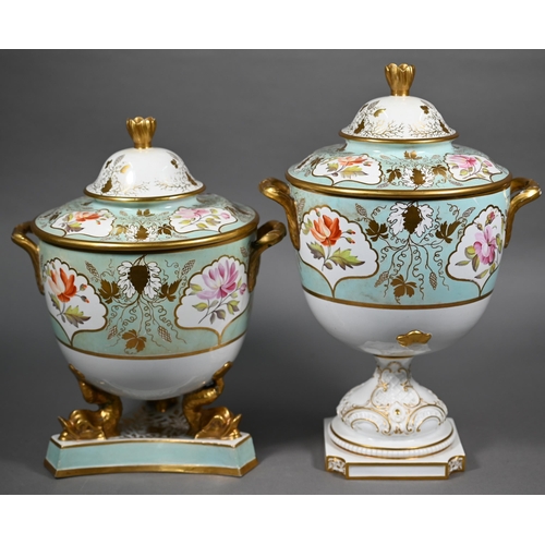 587 - Two early 19th century turquoise-ground and gilt covered urns, the reserves painted with floral spec... 