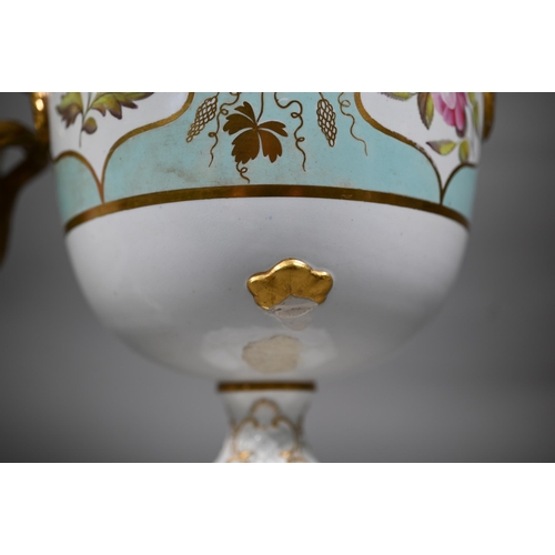 587 - Two early 19th century turquoise-ground and gilt covered urns, the reserves painted with floral spec... 