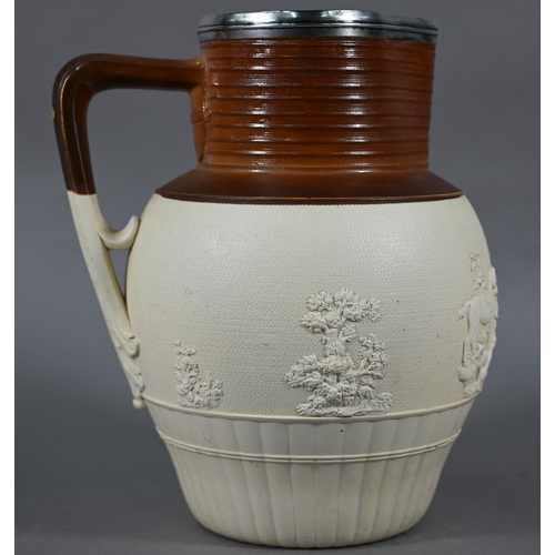 594 - Georgian John Turner (Longton, Staffordshire) salt-glazed stoneware large ale-jug, with relief friez... 