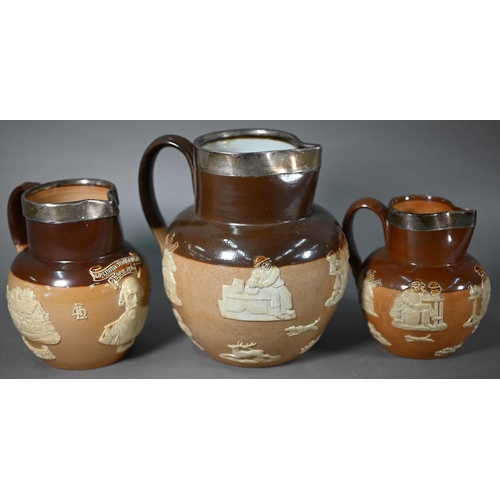 595 - Matched set of eight Royal Doulton stoneware jugs with silver rims, 19-4.5 cm, one commemorating Sha... 