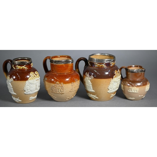 595 - Matched set of eight Royal Doulton stoneware jugs with silver rims, 19-4.5 cm, one commemorating Sha... 