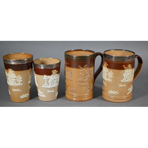 596 - Two silver-rimmed Doulton stoneware cylindrical mugs and two similar beakers, to/w a small loving cu... 